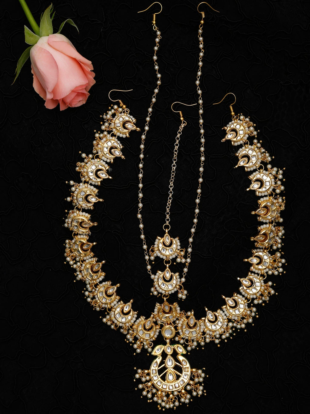 Gold-Polished White Kundan-Studded Beaded Maharani Matha Patti - Ruby Raang | Grocsy