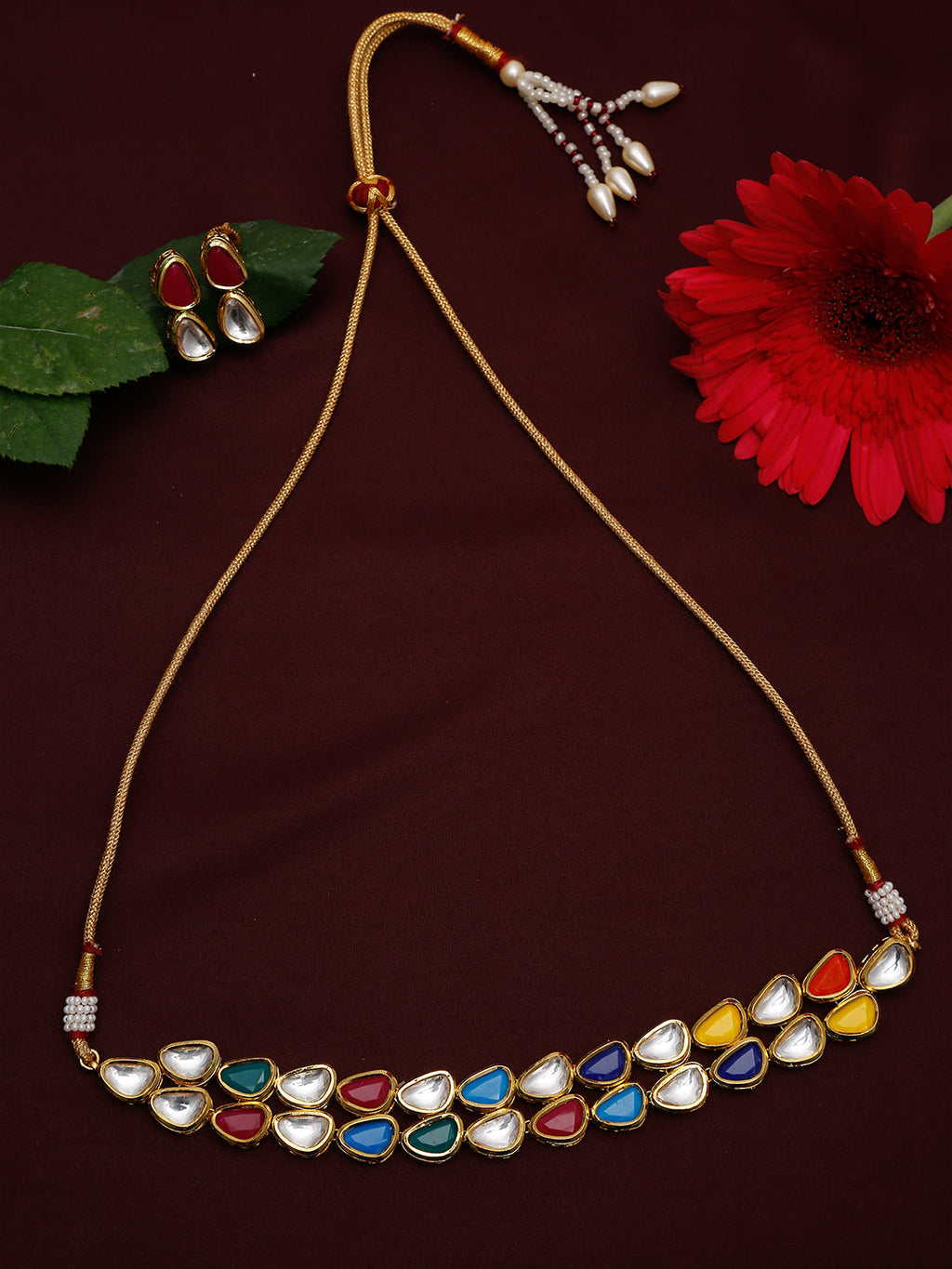 Multioloured Kundan Studded Choker Jewellery Set - Ruby Raang | Grocsy