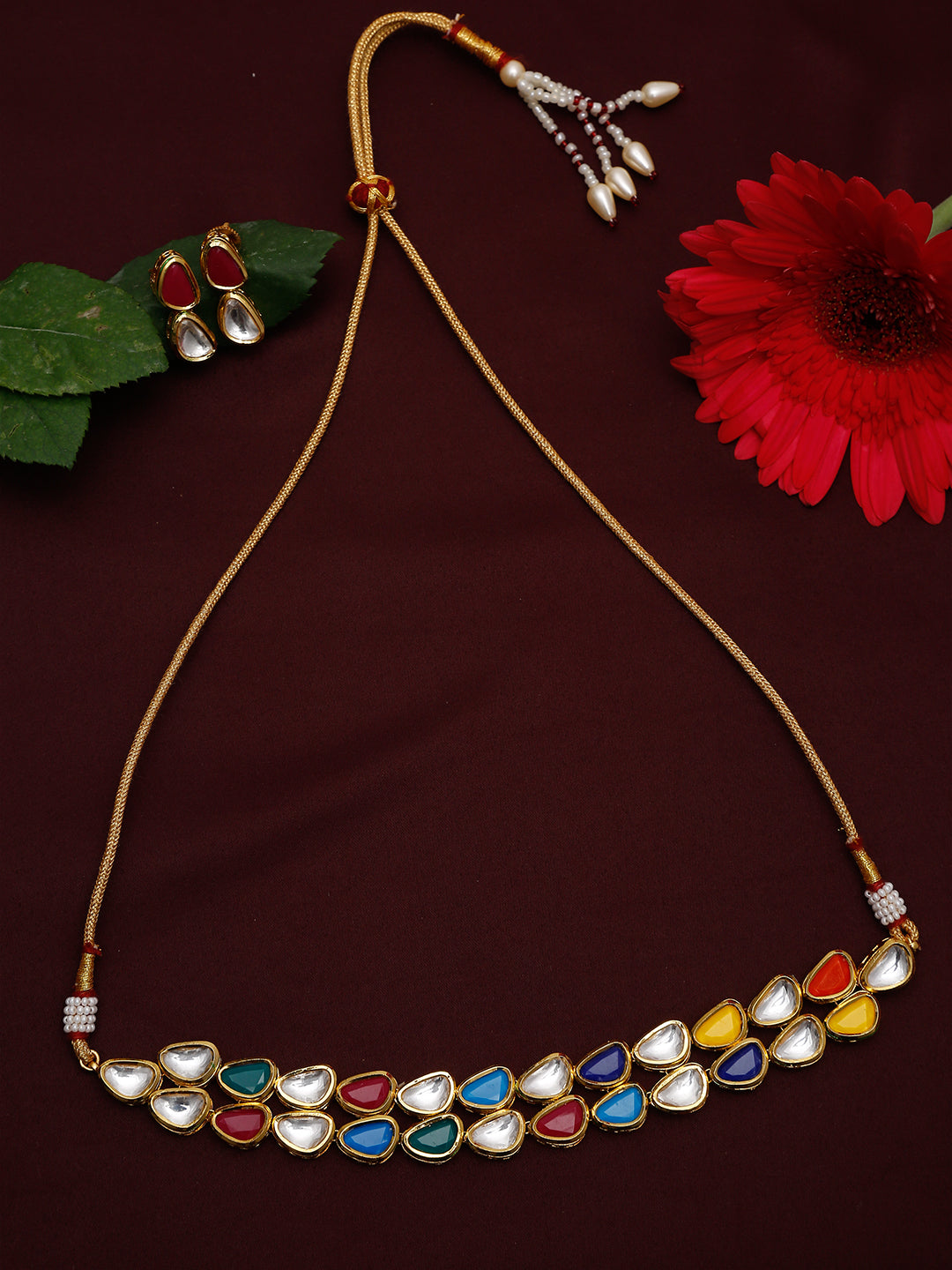 Multioloured Kundan Studded Choker Jewellery Set - Ruby Raang | Grocsy