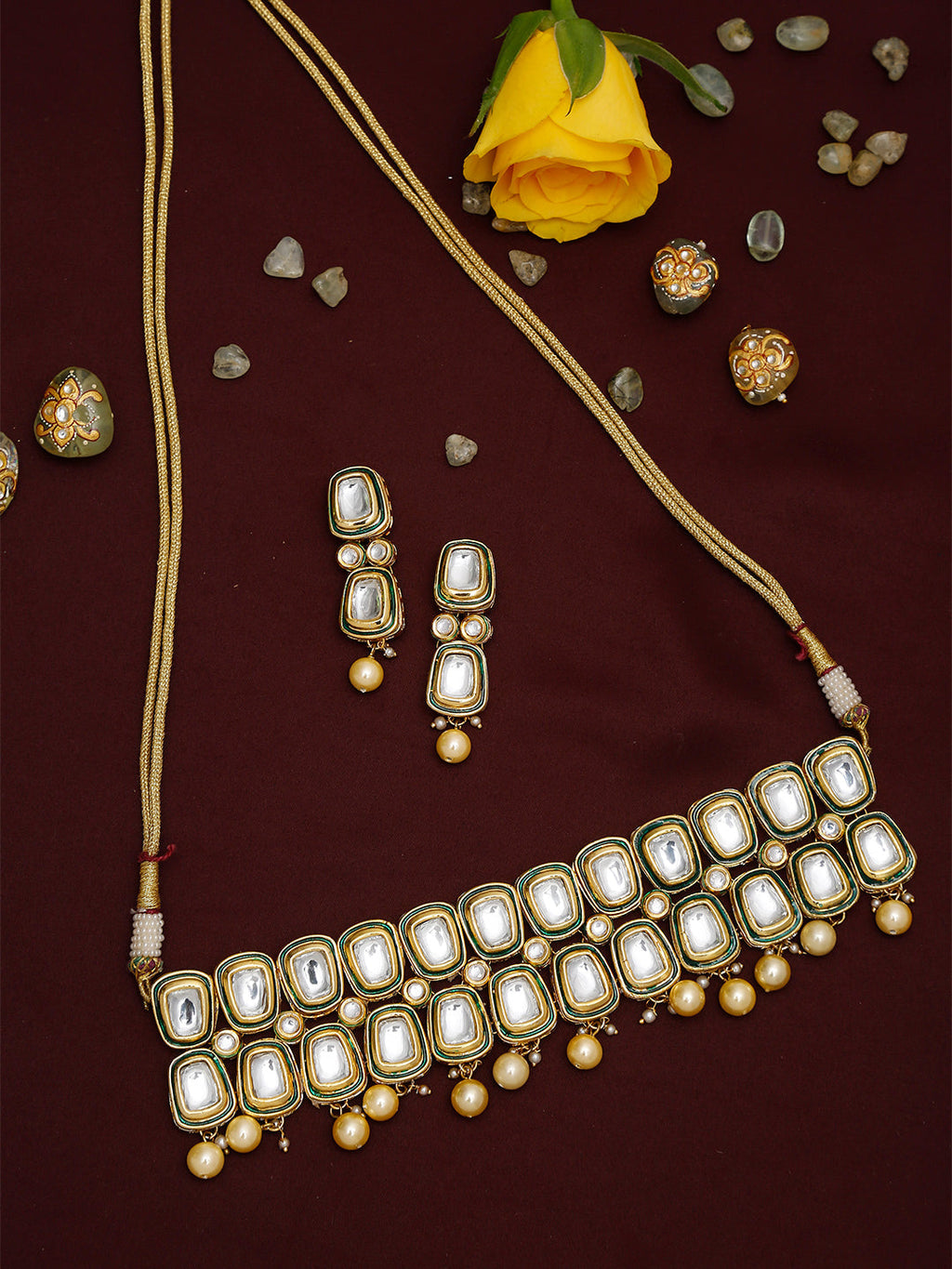 White Gold Toned Meenakari Kundan Choker With Earrings - Ruby Raang | Grocsy