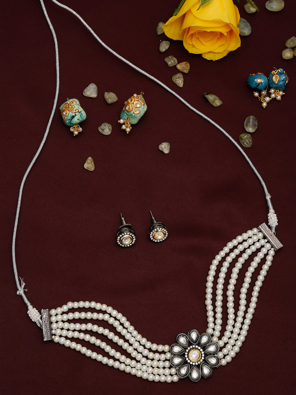 Silver-Plated Kundan Pearl Choker With Studs - Ruby Raang | Grocsy