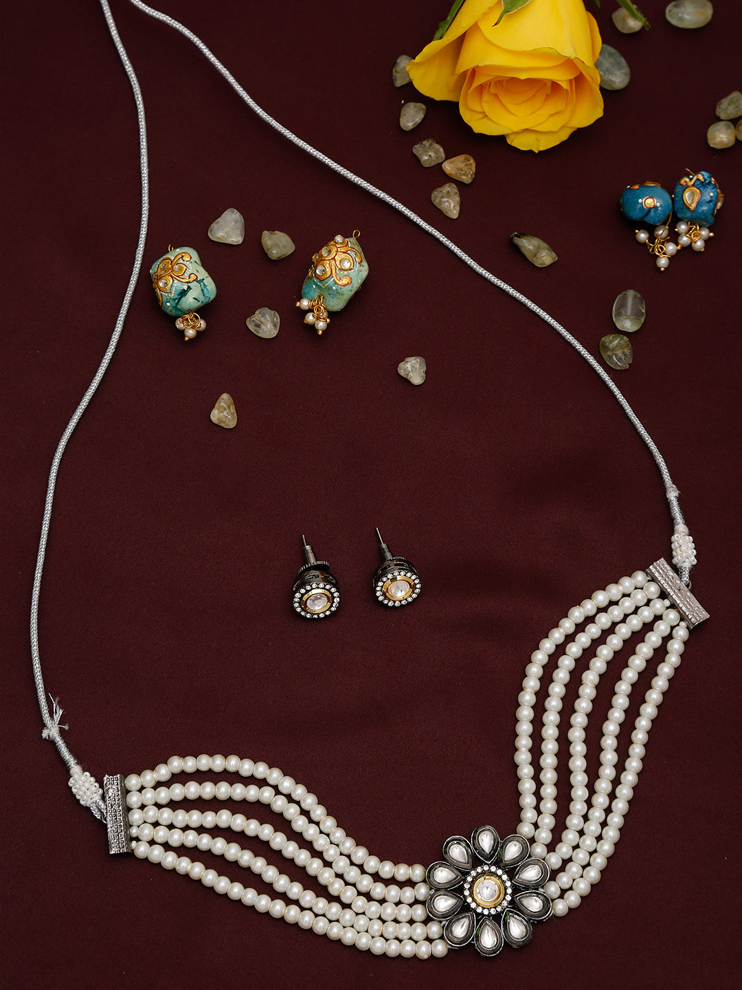 Silver-Plated Kundan Pearl Choker With Studs - Ruby Raang | Grocsy
