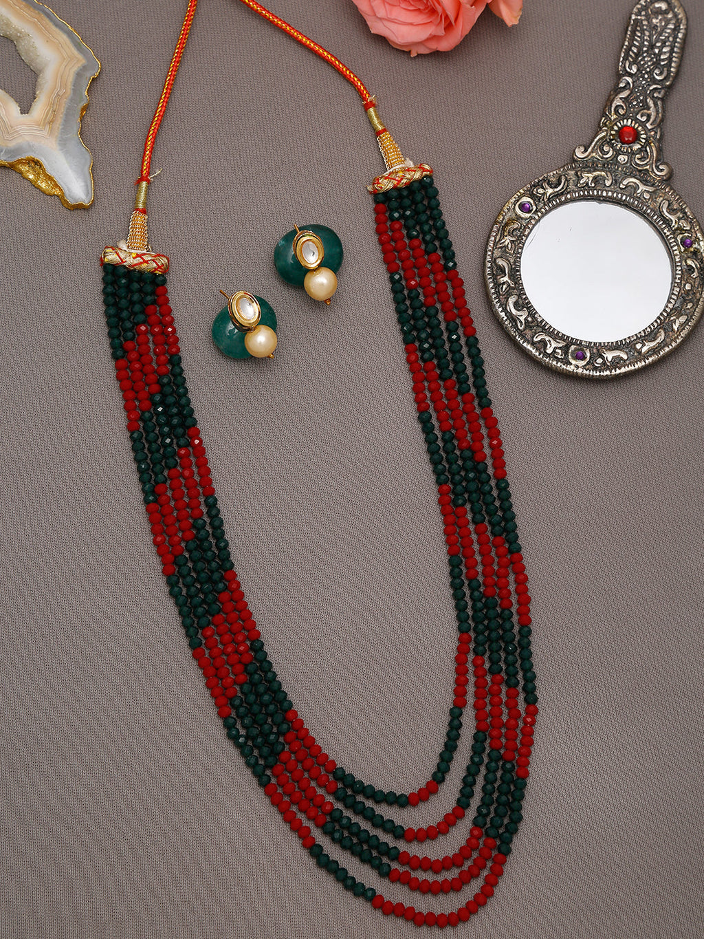 Red Black Multi Layered Onyx Neckpiece With Kundan Studs - Ruby Raang | Grocsy