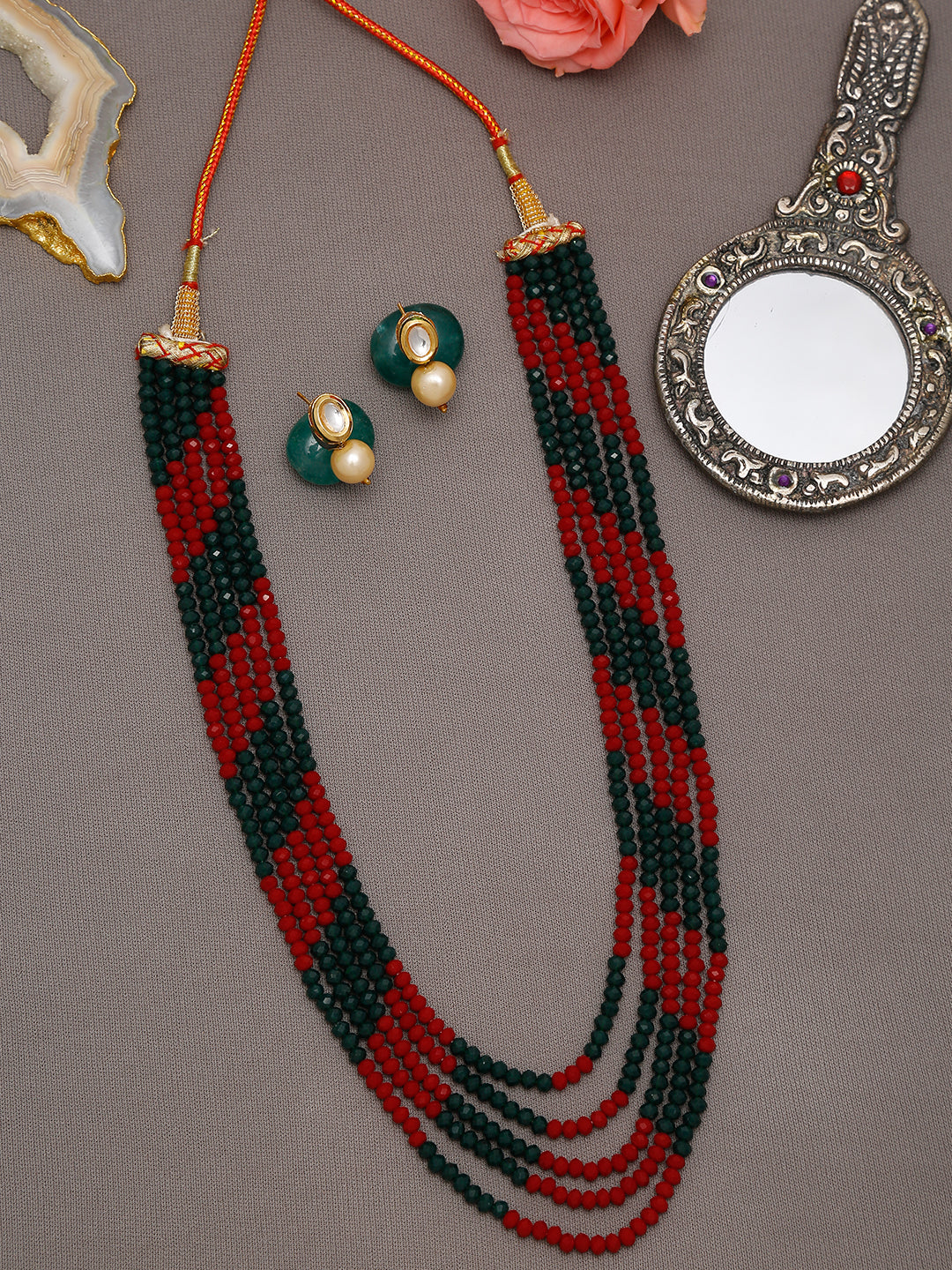 Red Black Multi Layered Onyx Neckpiece With Kundan Studs - Ruby Raang | Grocsy