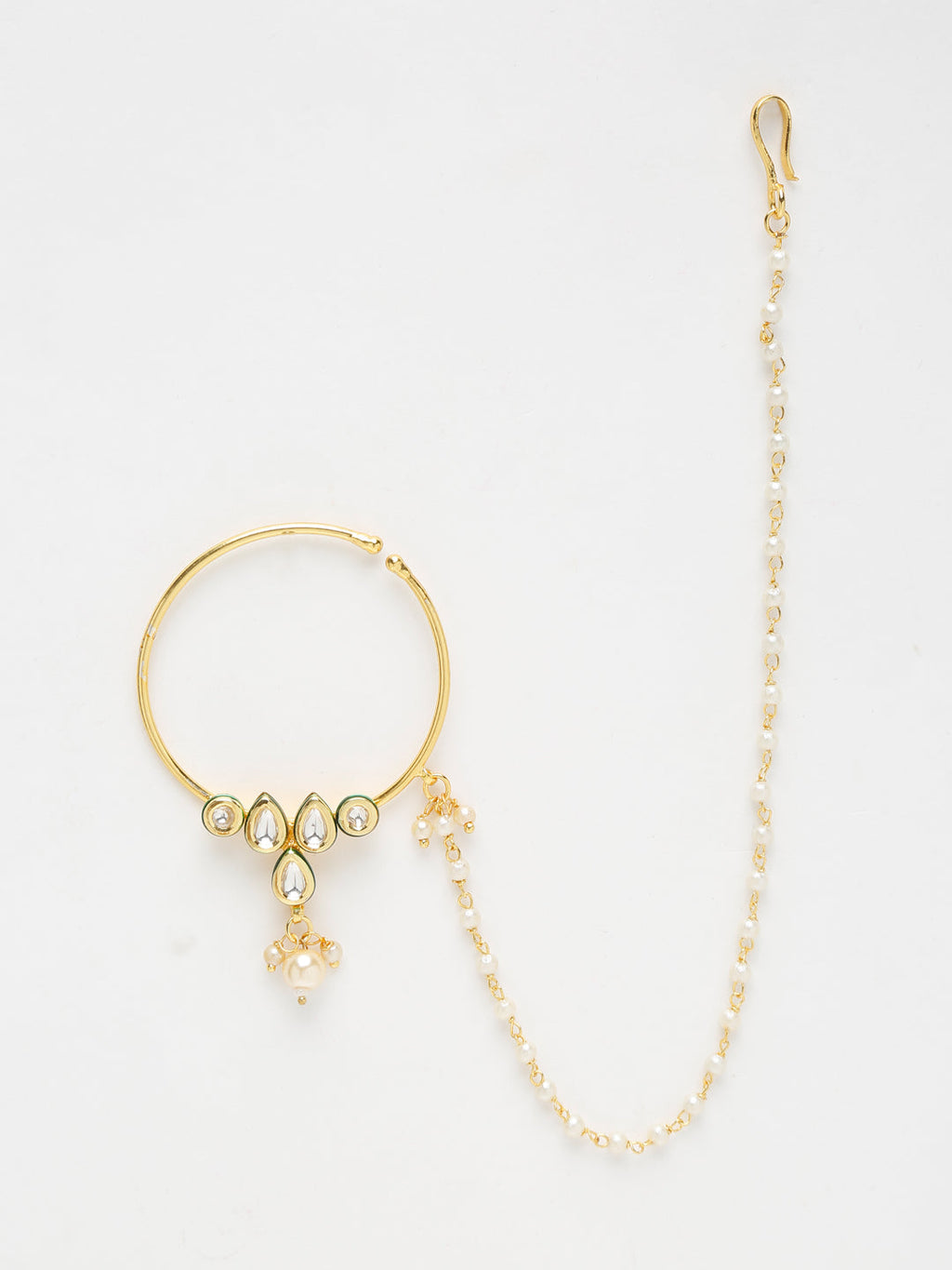 Gold-Polished Kundan Nose Ring - Ruby Raang | Grocsy
