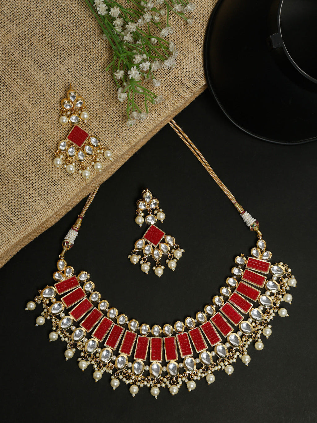 Long Kundan Neckpiece With Earrings - Ruby Raang | Grocsy