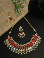 Long Kundan Neckpiece With Earrings - Ruby Raang | Grocsy