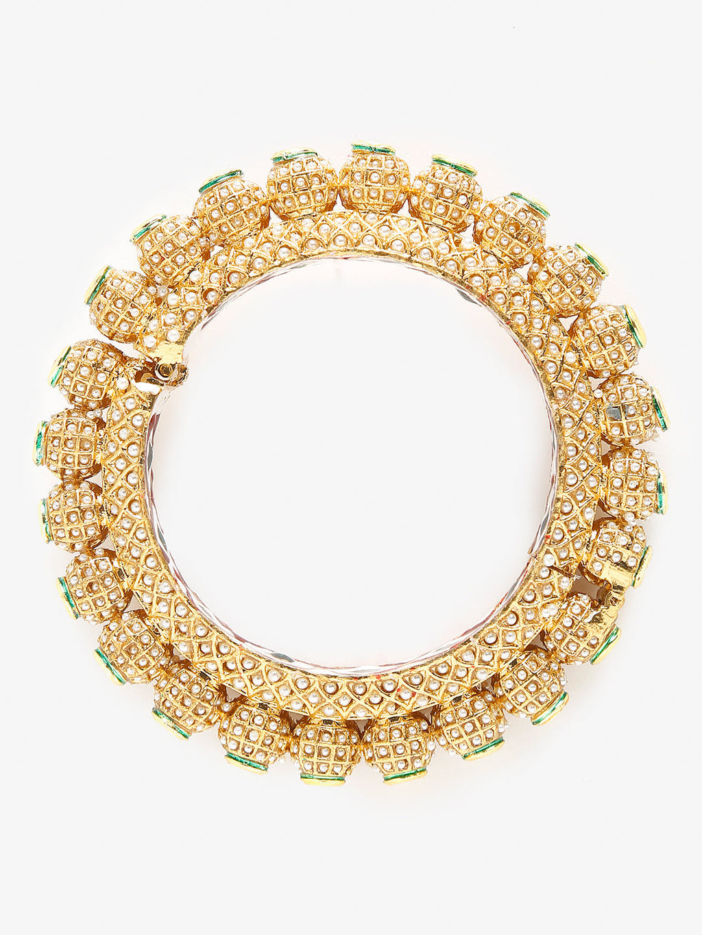Gold-Polished White Pearl Studded Beaded Bangle - Ruby Raang