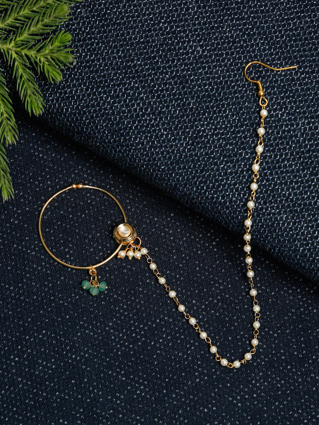 Gold-Polished Kundan Nose Ring - Ruby Raang | Grocsy