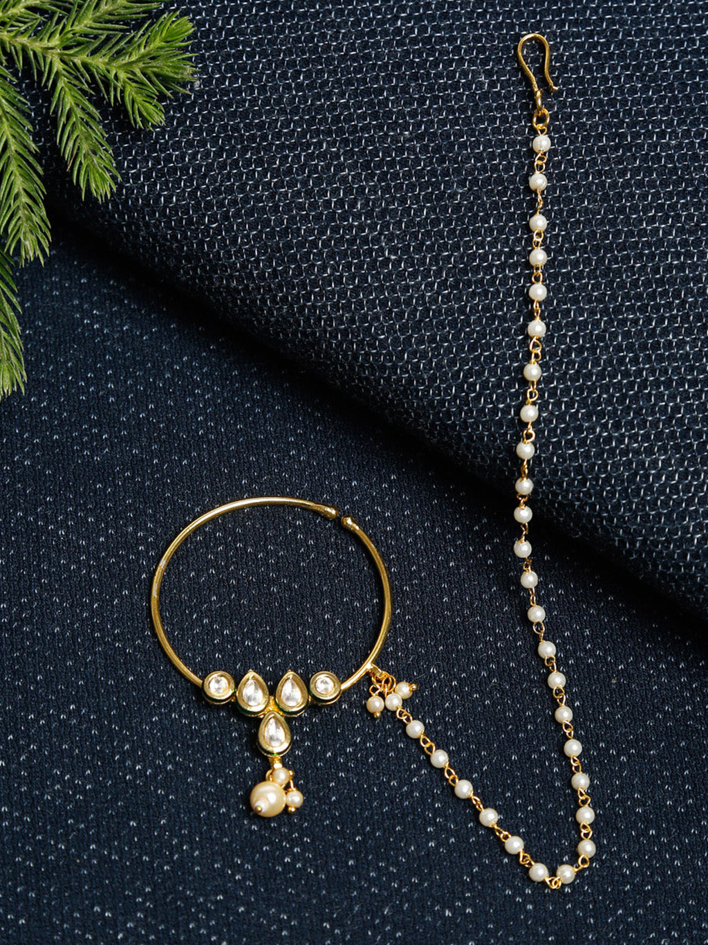 Gold-Polished Kundan Nose Ring - Ruby Raang | Grocsy