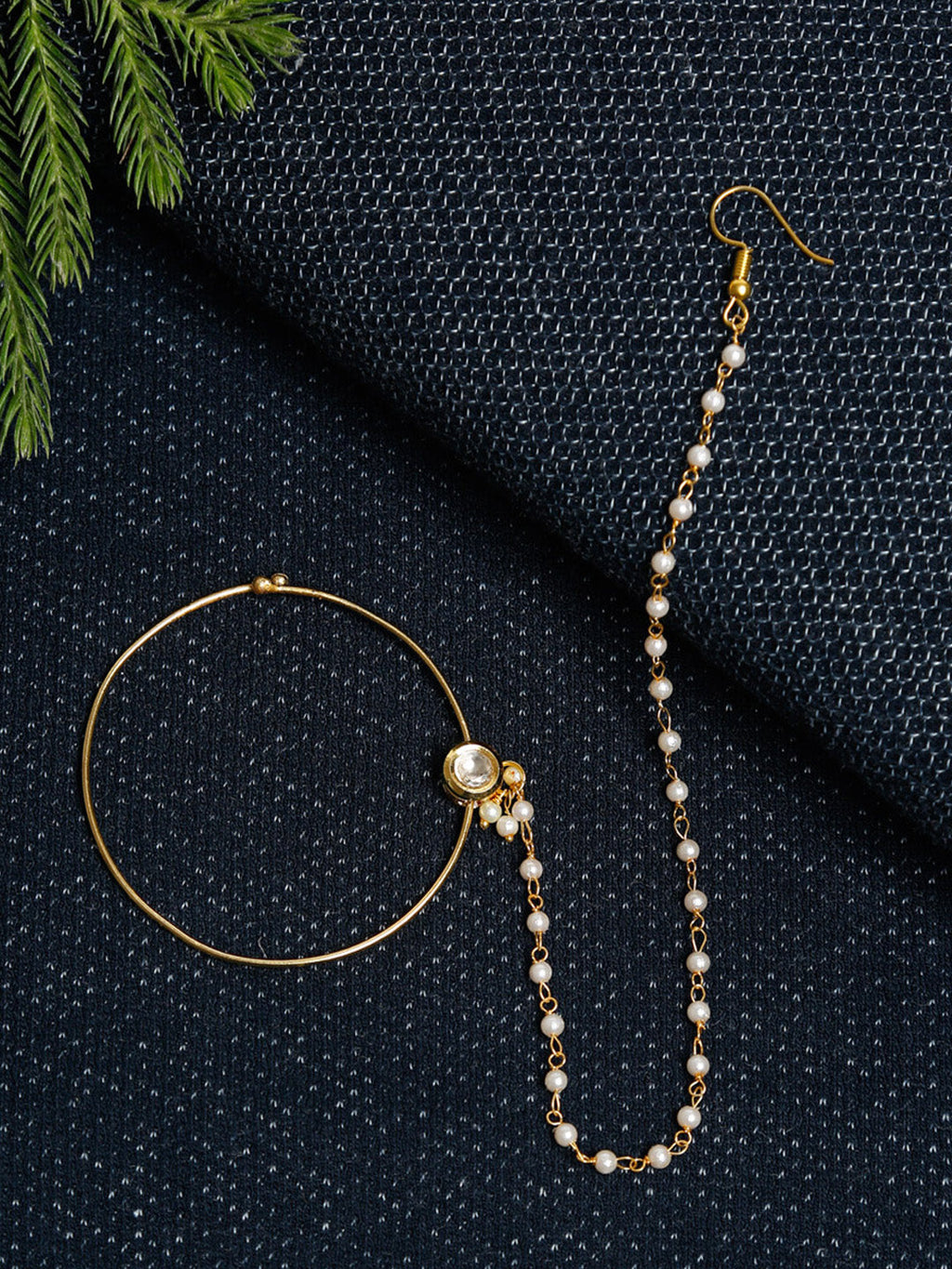 Gold-Polished Kundan Nose Ring - Ruby Raang | Grocsy