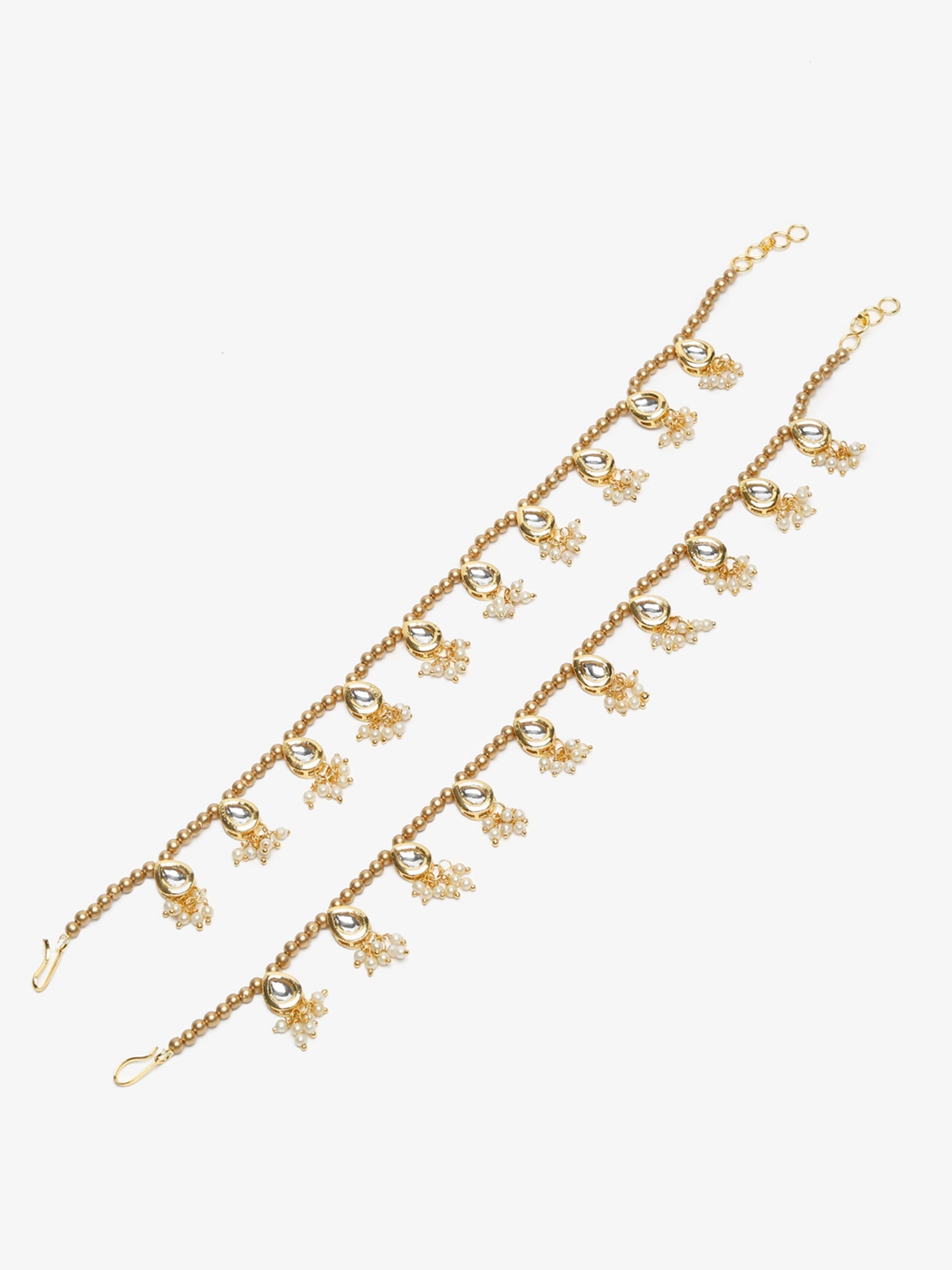 Gold-Polished White Kundan Set Of 2 Anklets - Ruby Raang | Grocsy