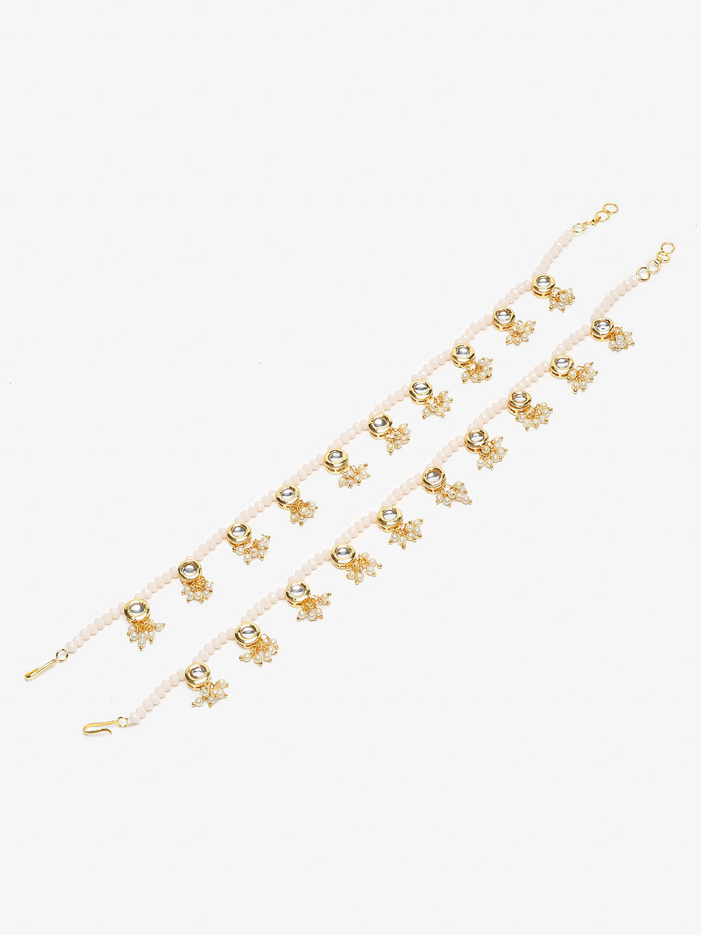 Gold-Polished White Handcrafted Kundan Set Of 2-Studded Beaded Anklets - Ruby Raang | Grocsy
