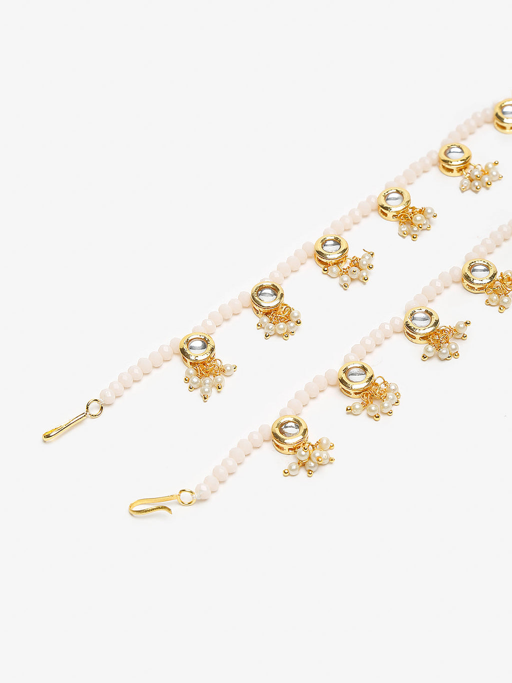 Gold-Polished White Handcrafted Kundan Set Of 2-Studded Beaded Anklets - Ruby Raang | Grocsy