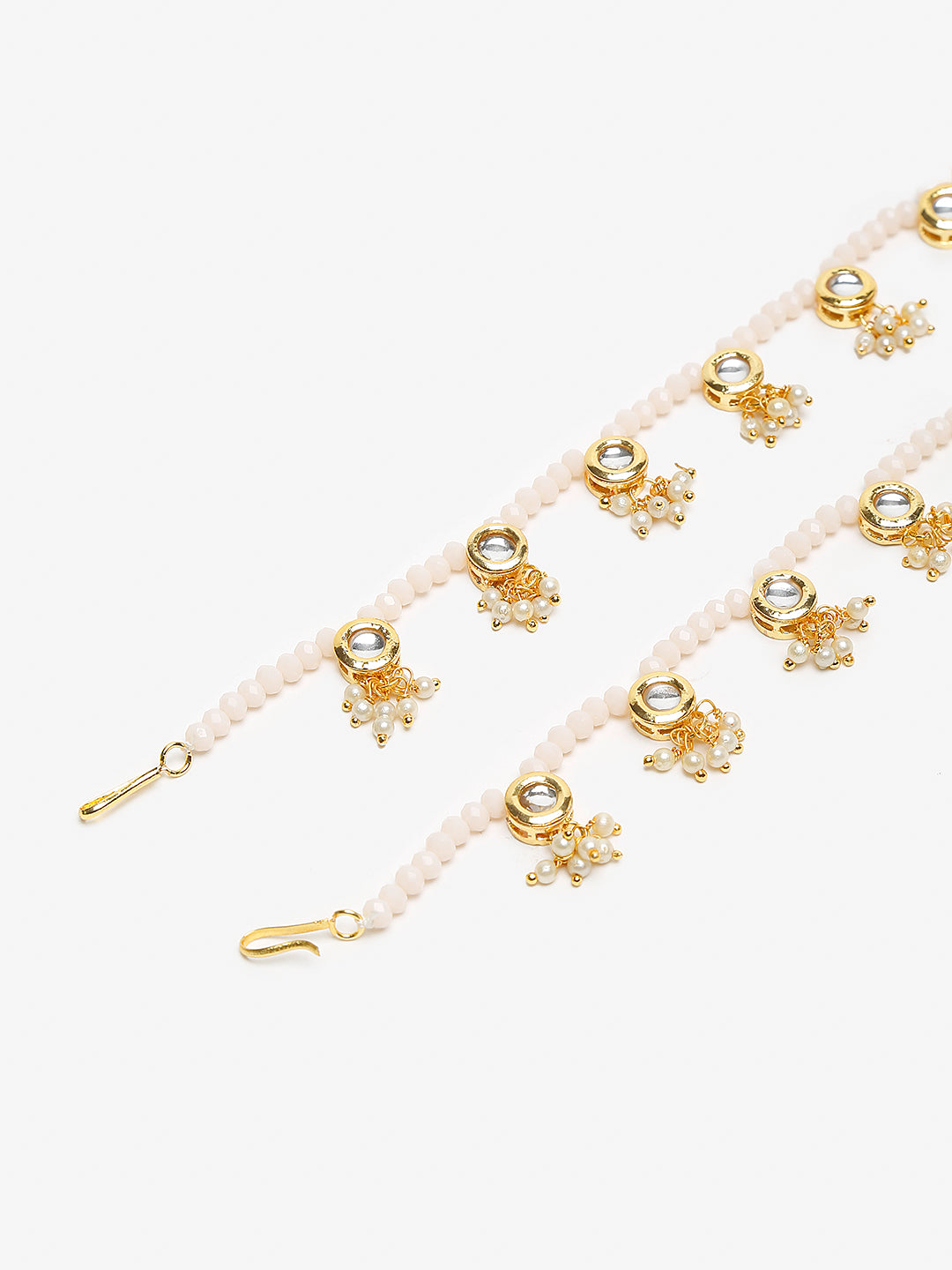Gold-Polished White Handcrafted Kundan Set Of 2-Studded Beaded Anklets - Ruby Raang | Grocsy