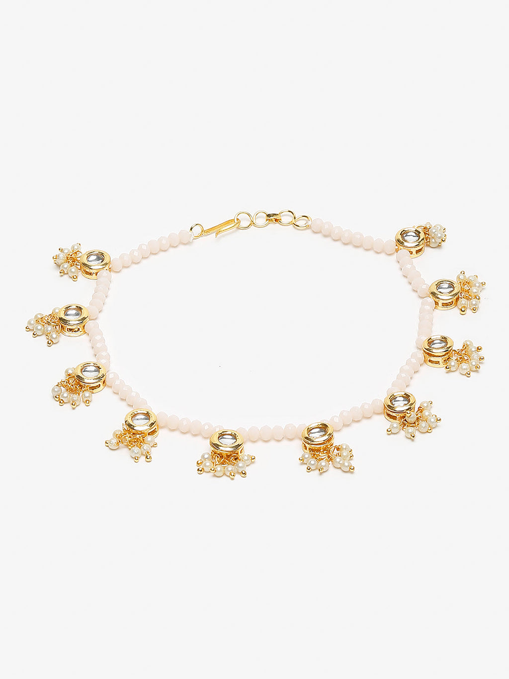 Gold-Polished White Handcrafted Kundan Set Of 2-Studded Beaded Anklets - Ruby Raang | Grocsy
