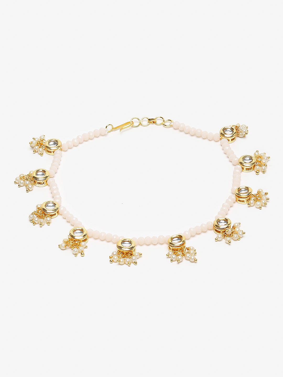 Gold-Polished White Handcrafted Kundan Set Of 2-Studded Beaded Anklets - Ruby Raang | Grocsy
