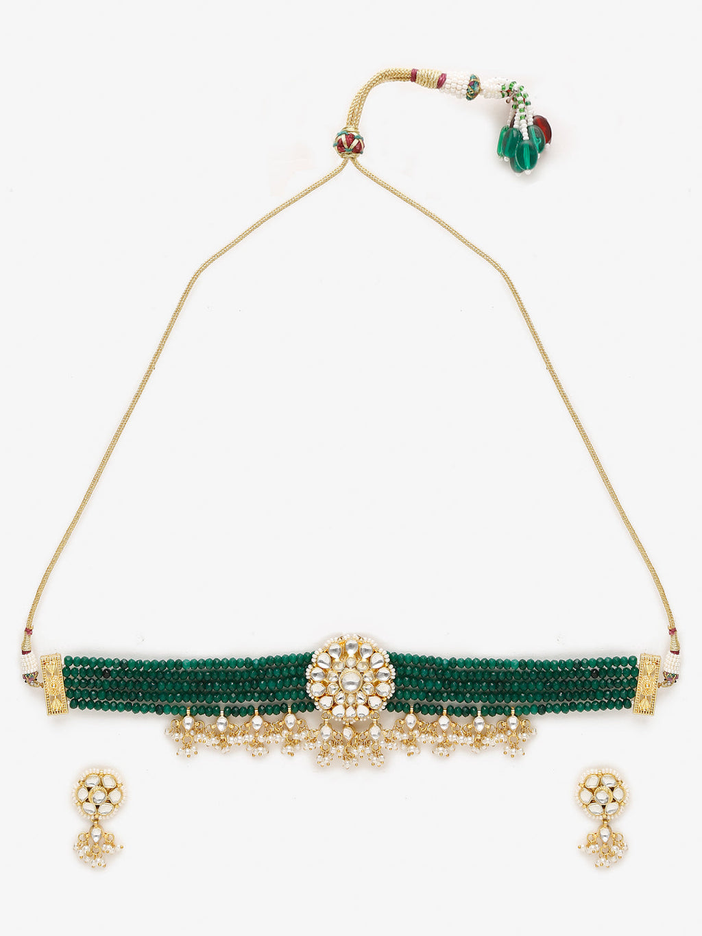 Gold-Polished Green Kundan-Studded Choker With Earrings - Ruby Raang | Grocsy