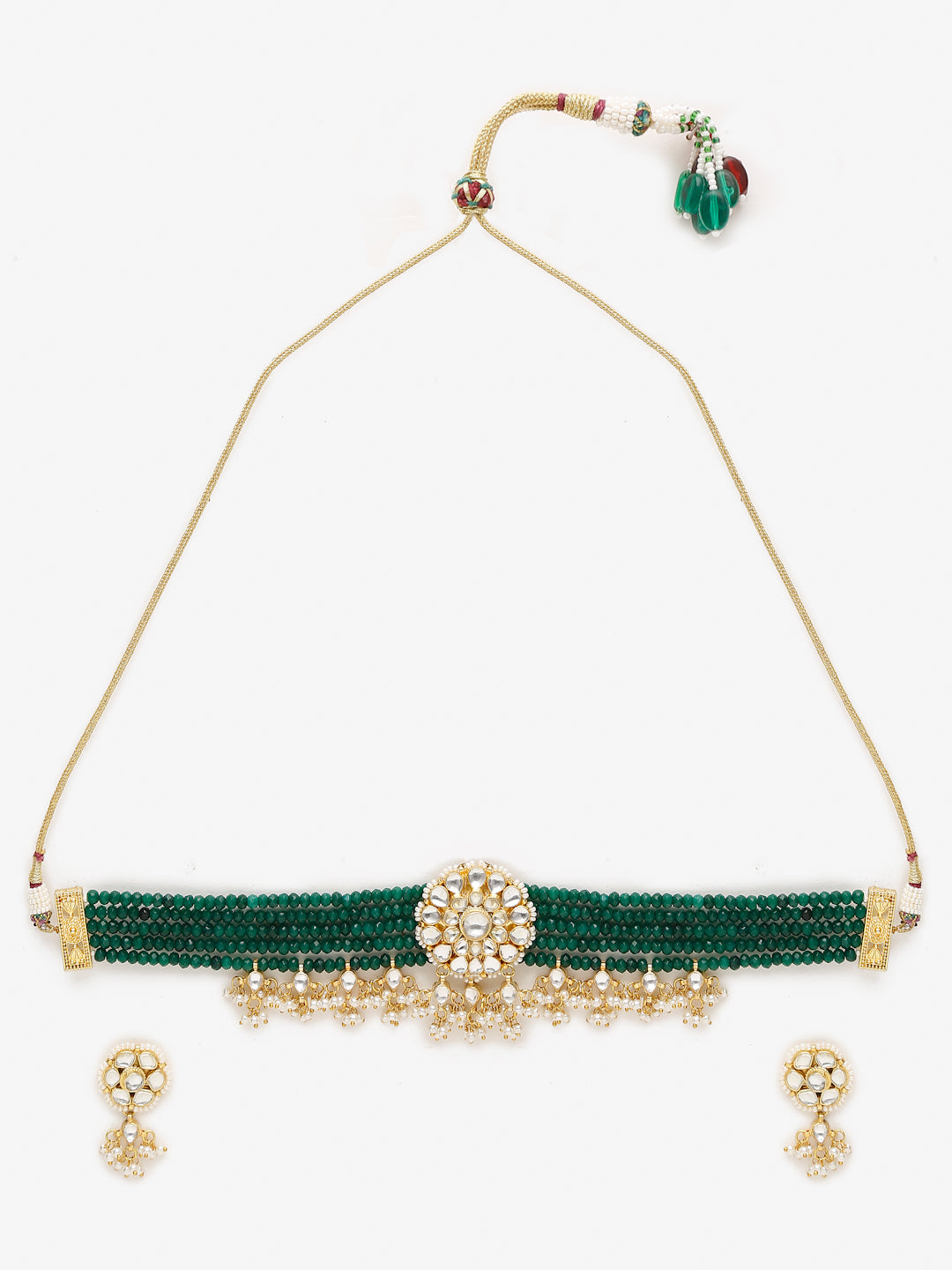Gold-Polished Green Kundan-Studded Choker With Earrings - Ruby Raang | Grocsy
