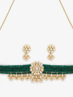 Gold-Polished Green Kundan-Studded Choker With Earrings - Ruby Raang | Grocsy