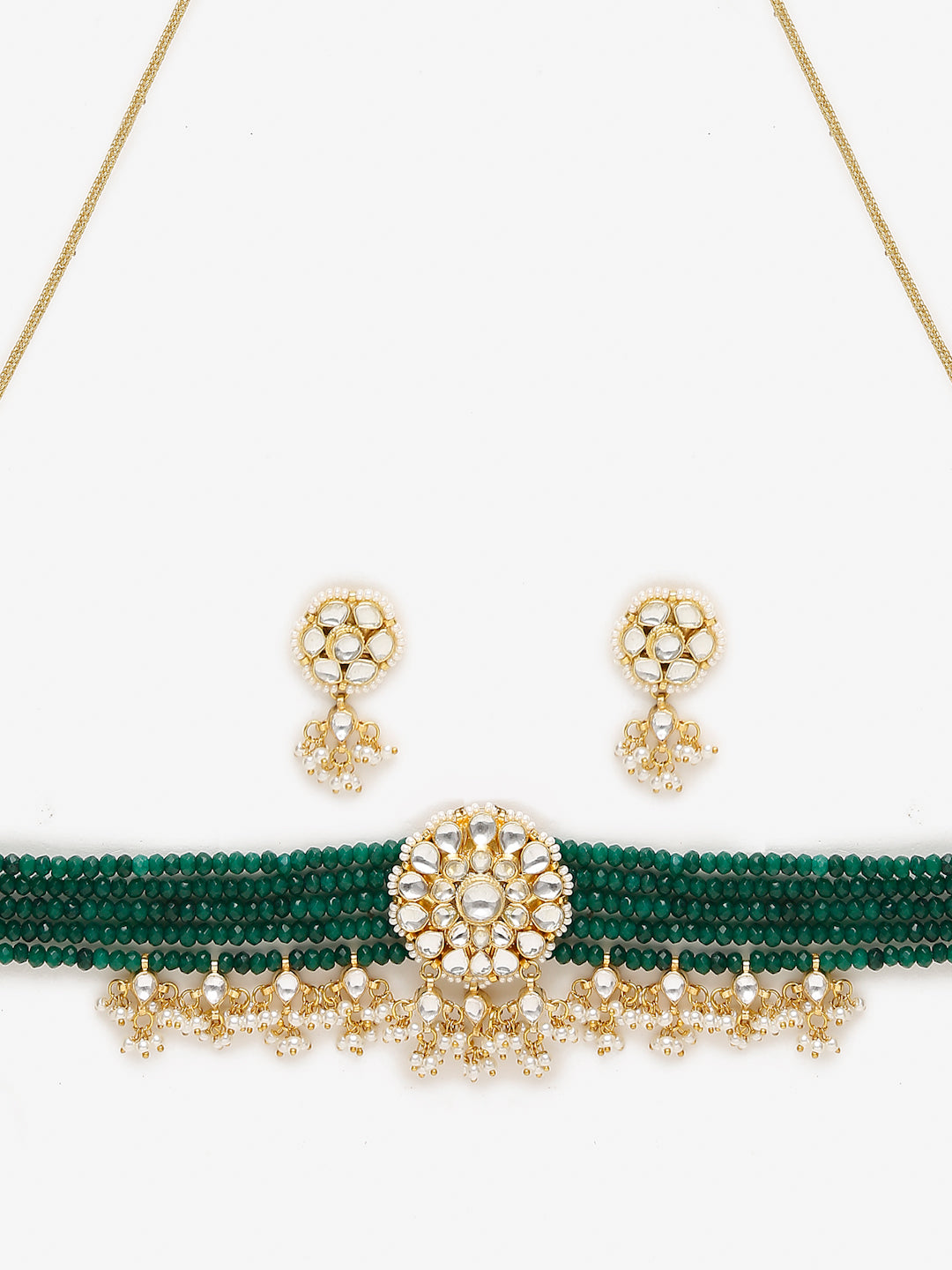Gold-Polished Green Kundan-Studded Choker With Earrings - Ruby Raang | Grocsy