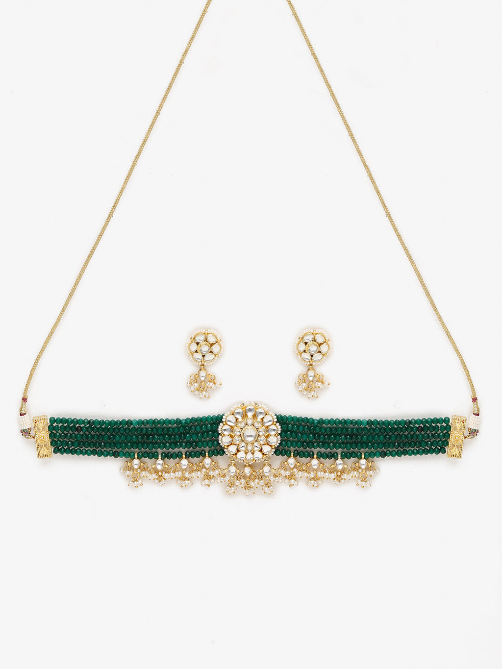 Gold-Polished Green Kundan-Studded Choker With Earrings - Ruby Raang | Grocsy