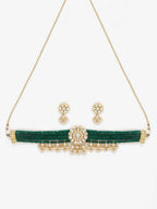 Gold-Polished Green Kundan-Studded Choker With Earrings - Ruby Raang | Grocsy