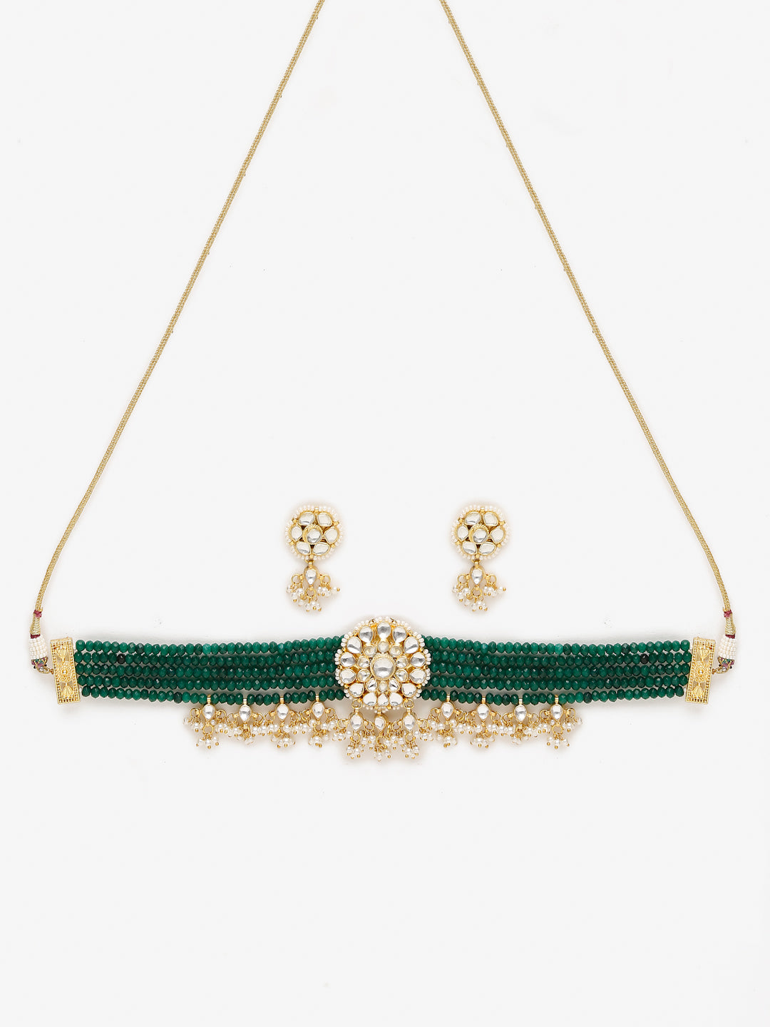 Gold-Polished Green Kundan-Studded Choker With Earrings - Ruby Raang | Grocsy