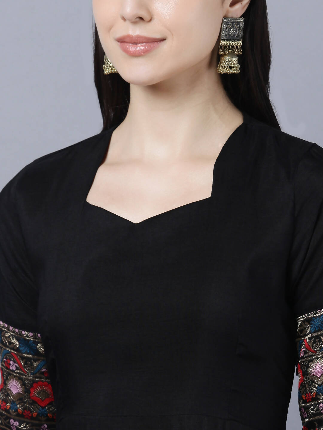 Myshka Women Black Embroidered Detail Anarkali Kurta With Dupatta | Grocsy