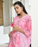 Vaasva Women's Pink Georgette Marble Print Kaftan Pant Set | Grocsy