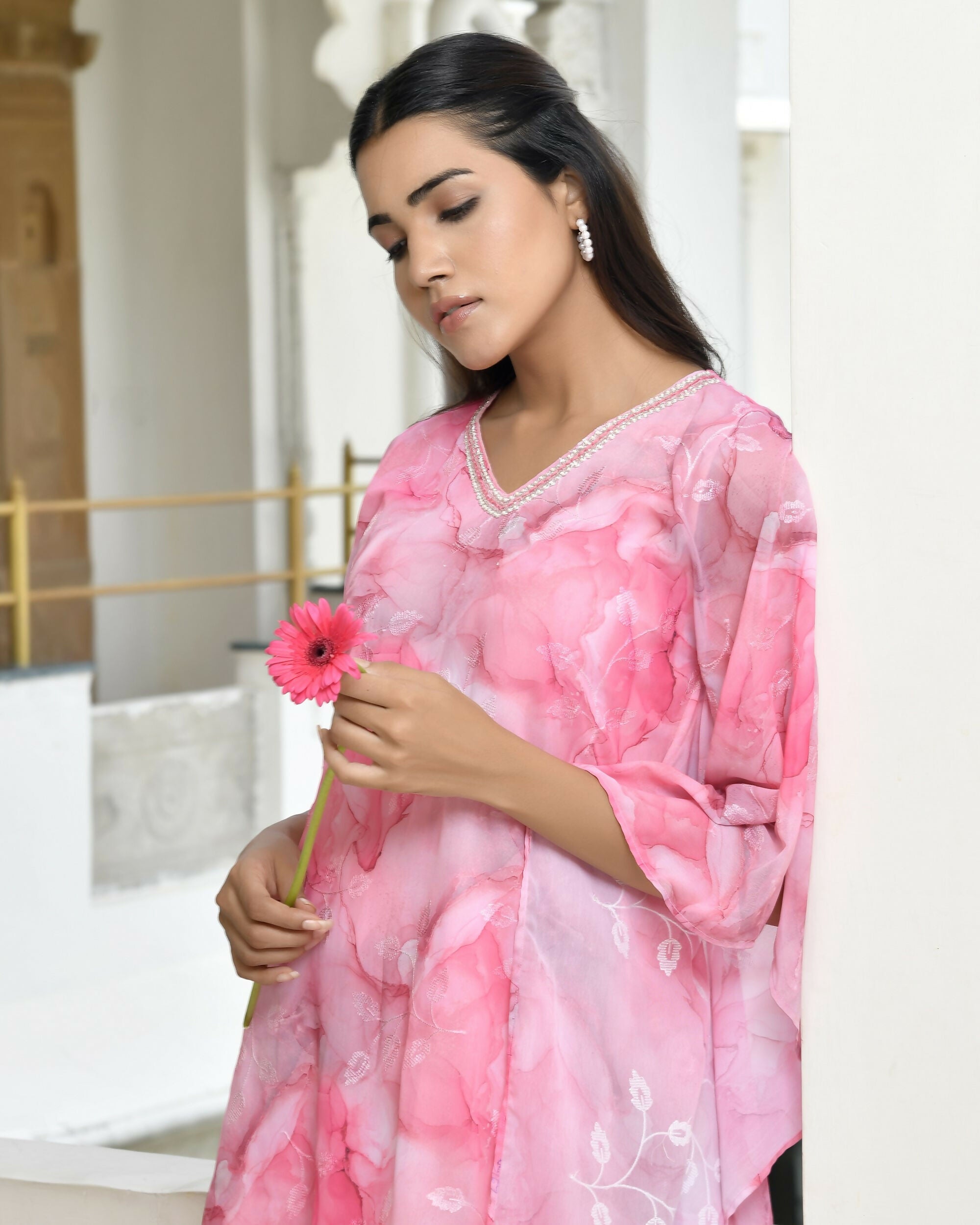 Vaasva Women's Pink Georgette Marble Print Kaftan Pant Set | Grocsy