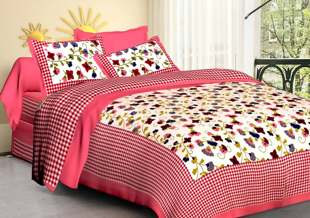 Vamika Printed Cotton Pink & Multicolor Bedsheet With Pillow Covers (LEOC_CHKM_P) | Grocsy