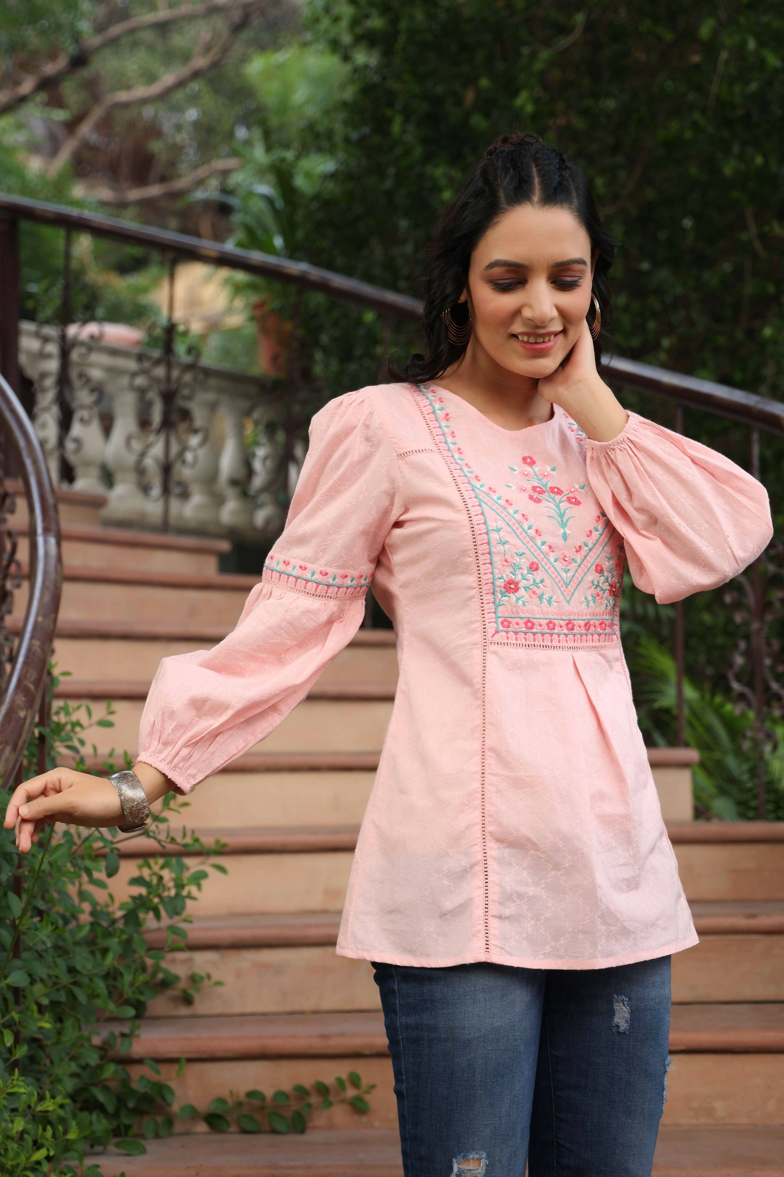 Juniper Women's Peach Cotton Dobby Solid Embroidered Straight Tunic | Grocsy