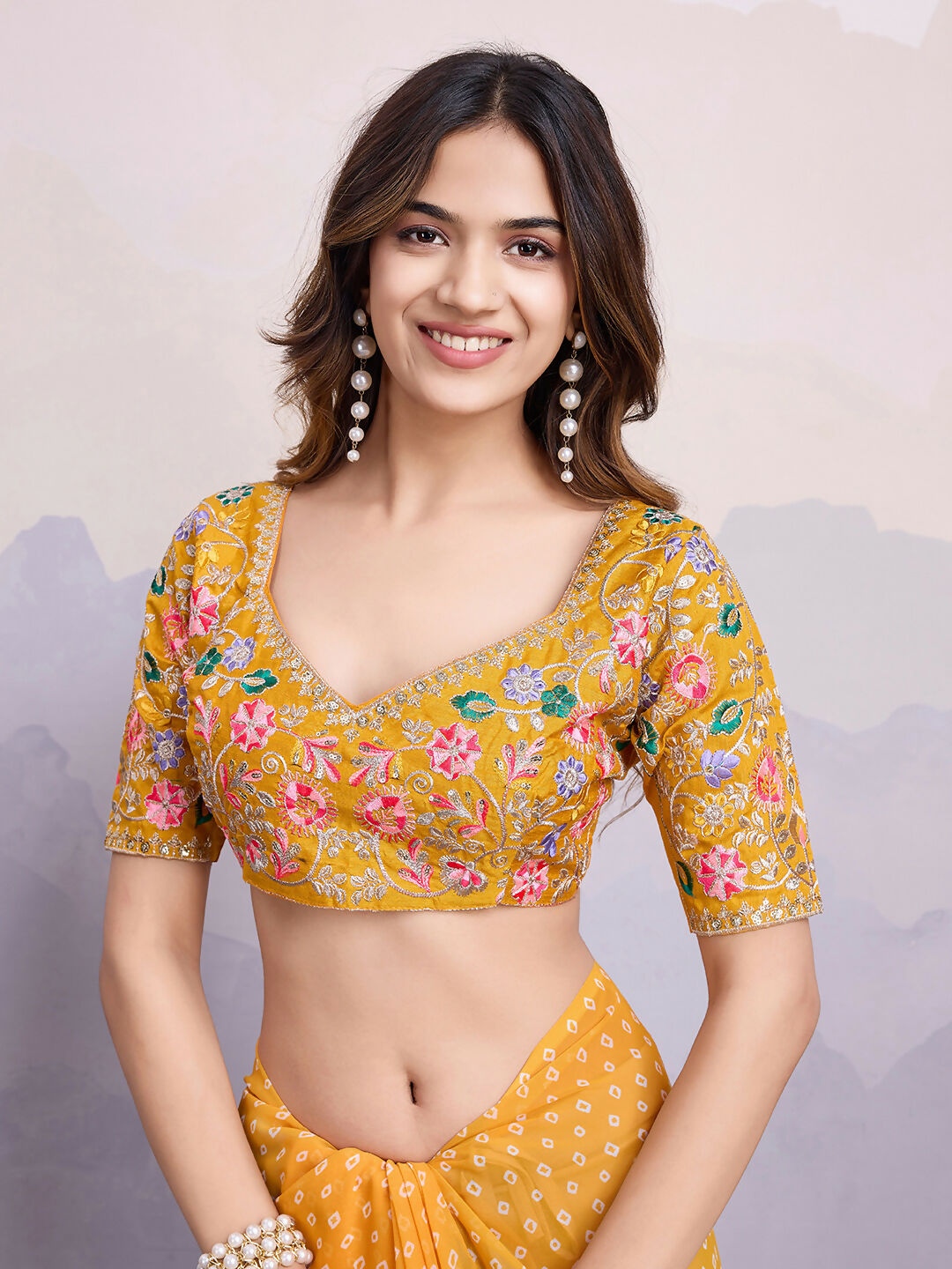 Yellow Georgette Bandhani Printed,Embroidery Work Saree - Surkhi | Grocsy