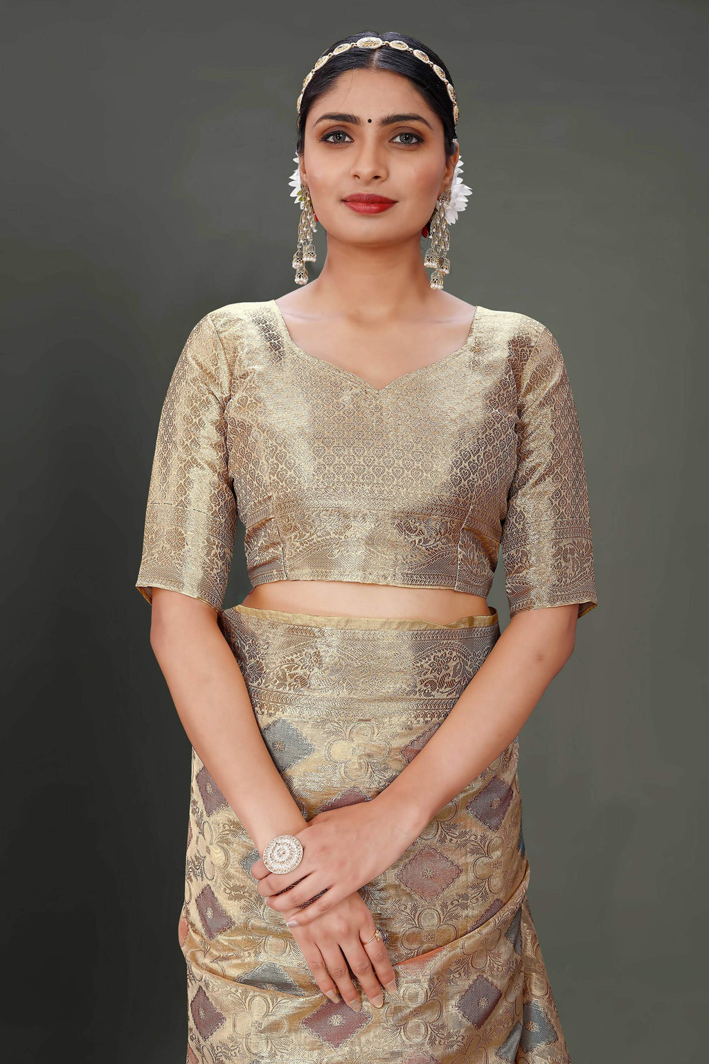 Beige Soft Organza Woven Design Saree With Unstitched Blouse Piece - Zaara | Grocsy