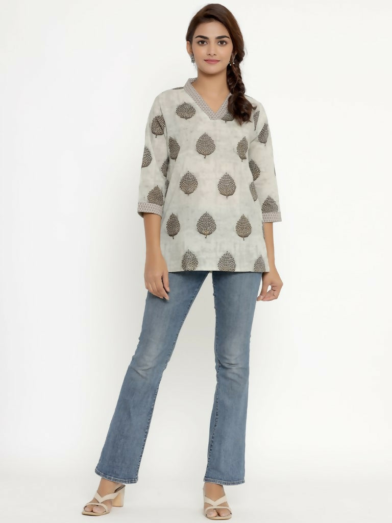 Miravan Women's Brown Floral Printed Pure Cotton Tunic | Grocsy