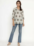 Miravan Women's Brown Floral Printed Pure Cotton Tunic | Grocsy