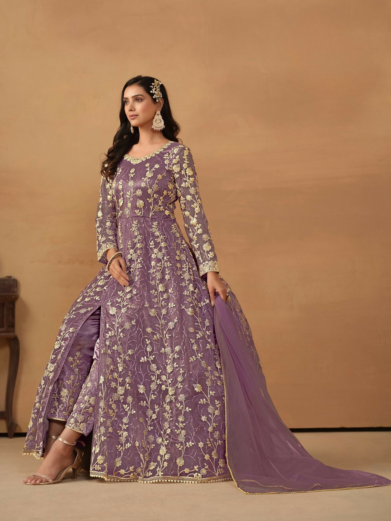 Anaita Purple Embroidered Net Anarkali Suit | Grocsy