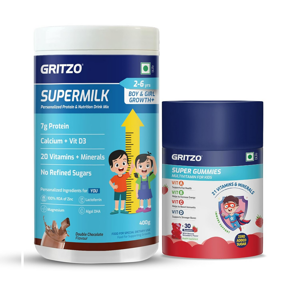 Gritzo SuperMilk Growth+ (Formerly Height+) (2-6y Boy & Girl) (Double Chocolate ) with Super Gummies (Strawberry) | Grocsy