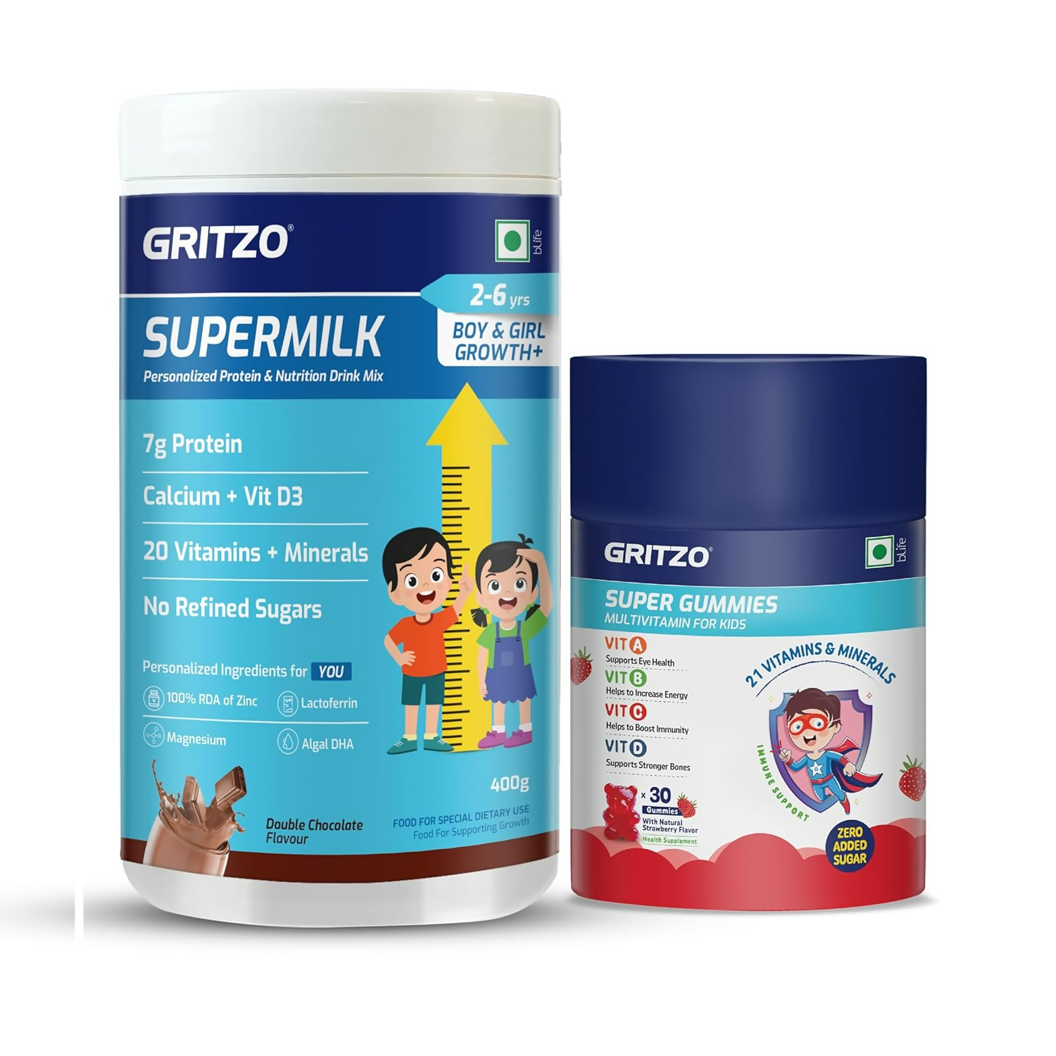Gritzo SuperMilk Growth+ (Formerly Height+) (2-6y Boy & Girl) (Double Chocolate ) with Super Gummies (Strawberry) | Grocsy
