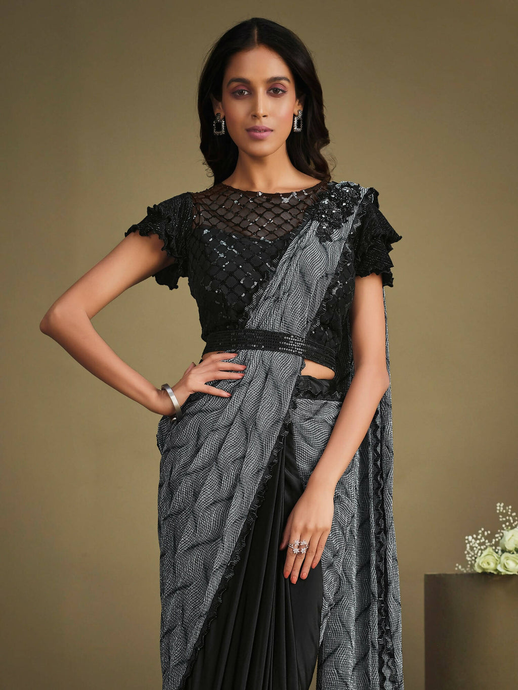 Grey & Black Crystal Crepe Sequence Embroidered Withtexture Saree With Stitched Blouse - Mohmanthan La Belle | Grocsy