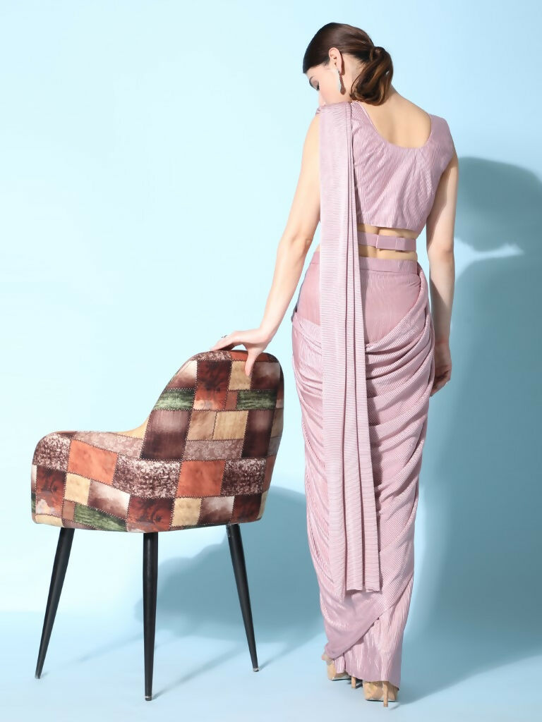 Pink Imported Crush Lycra Texture Pattern Ready to Wear Saree with stitched Blouse - Nirvana | Grocsy
