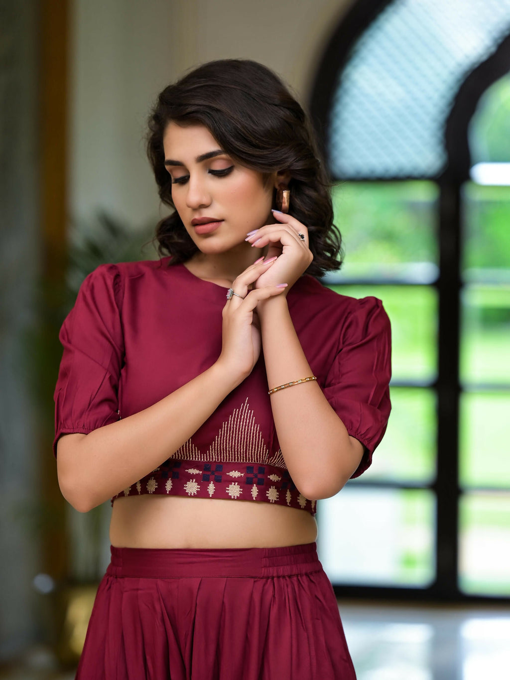 Juniper Women's Rust Thread Embroidered Rayon Top & Dhoti Pant Set | Grocsy
