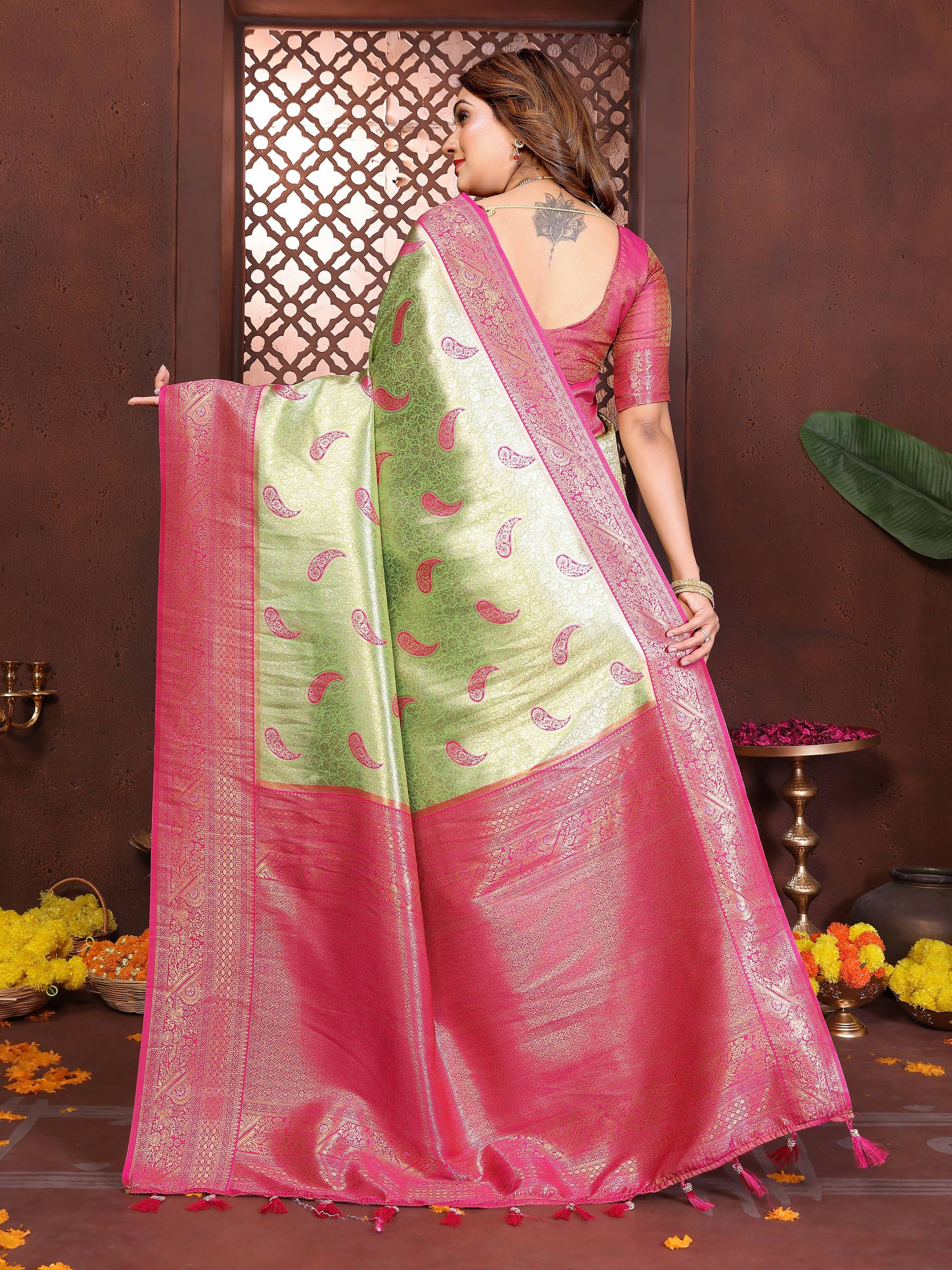 Aastha Fashion Pista Tissue Silk Weaving Saree | Grocsy