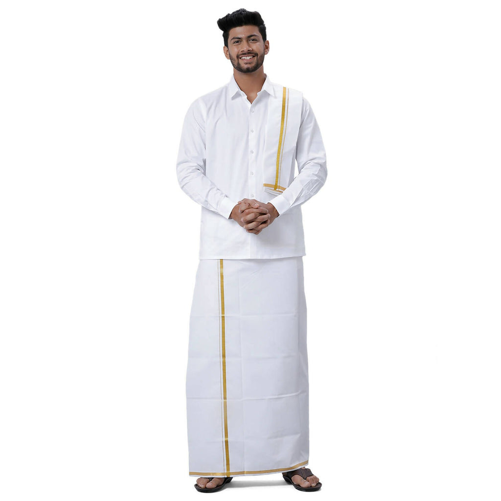 Ramraj Cotton Mens Wedding Set White Regular Dhoti, Shirt & Towel | Grocsy