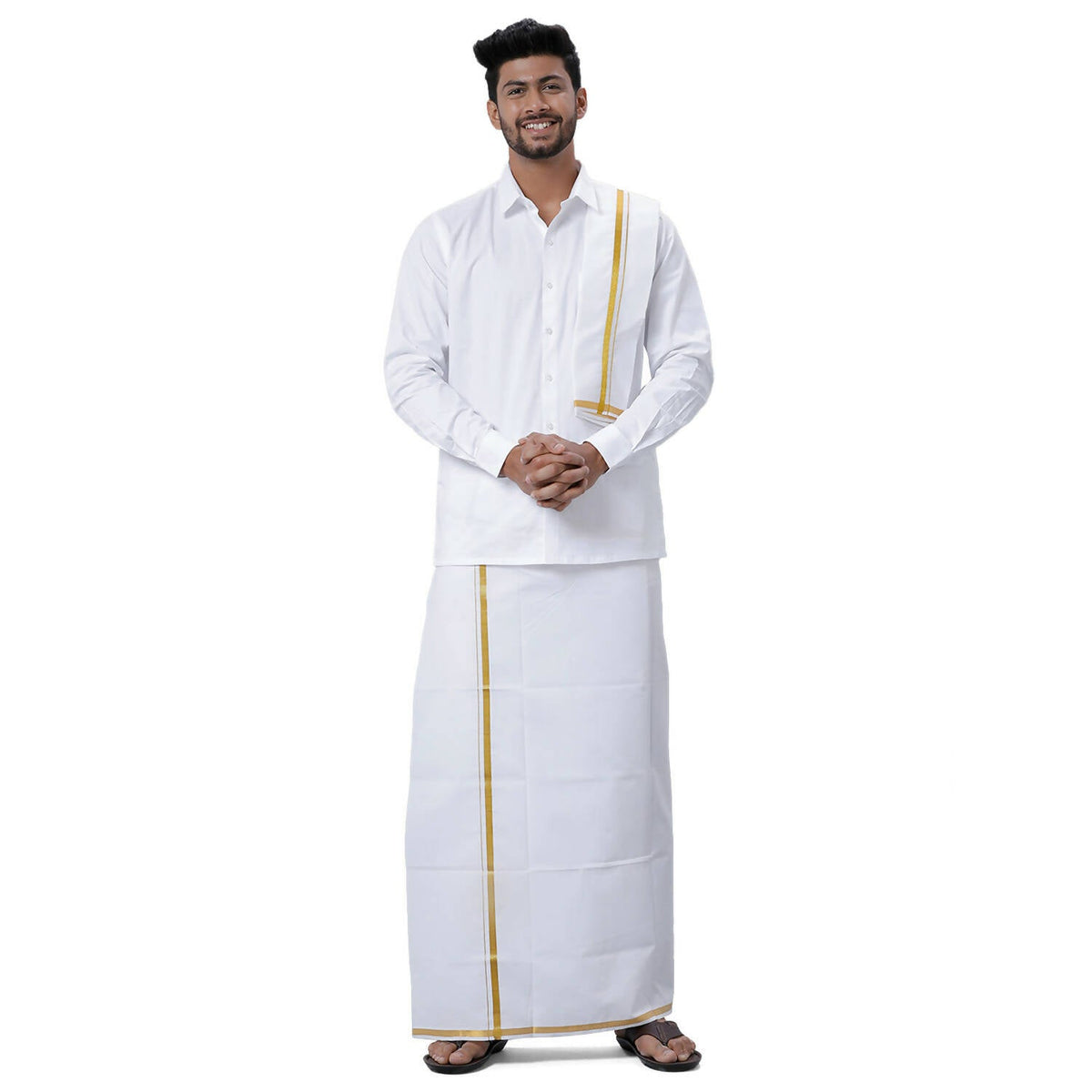 Ramraj Cotton Mens Wedding Set White Regular Dhoti, Shirt & Towel | Grocsy