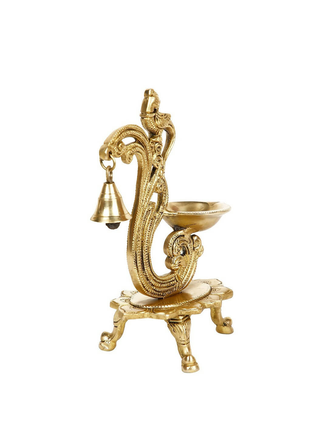 CraftVatika Gold-Toned Brass Handmade Decorative Peacock Design Diya with Bell & Stand | Grocsy
