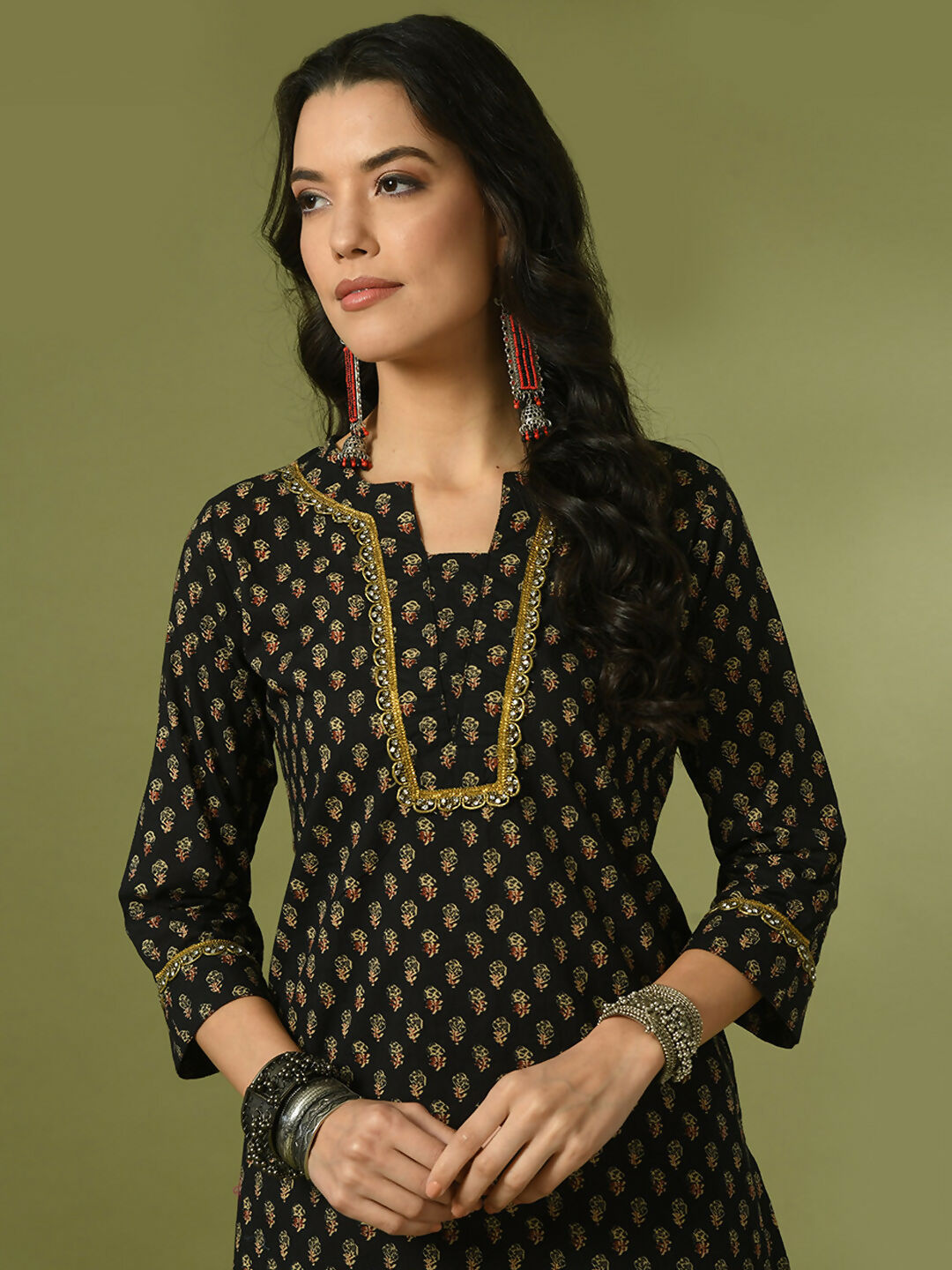 Myshka Women's Black Printed Cotton Straight Party Kurta Set | Grocsy