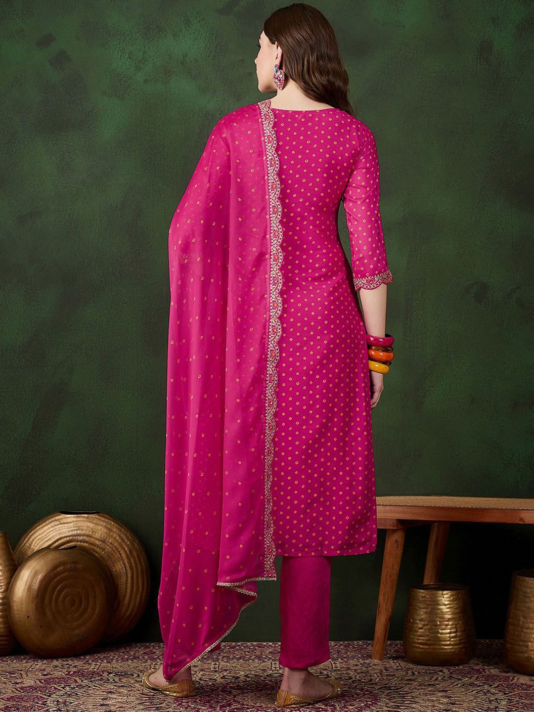 Sangria Floral Printed Zari & Sequinned Straight Kurta & Palazzo With Dupatta | Grocsy