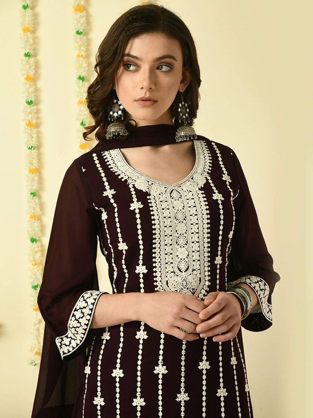 Myshka Women's Coffee Brown Georgette Kurta & Palazzos With Dupatta Party Sets | Grocsy